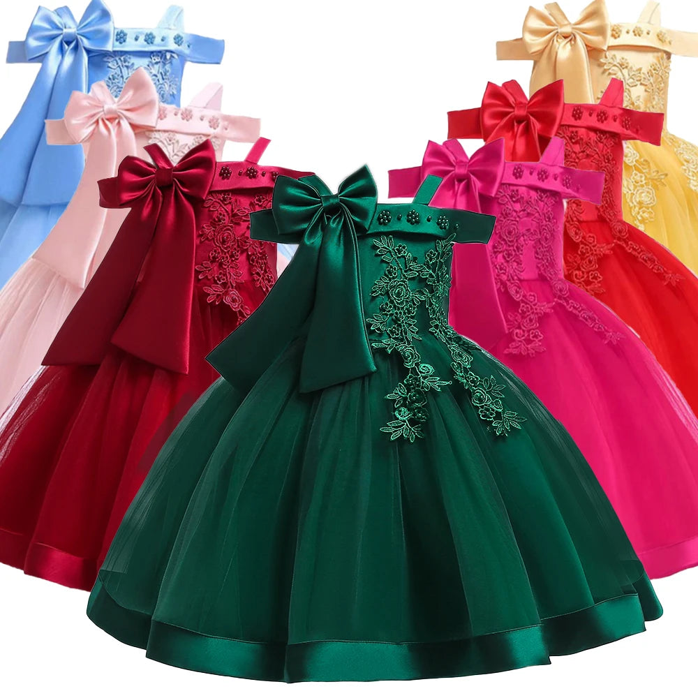 Summer Bow Flower Party Dresses for Girl Christmas Costumes One Shoulder Bridemaid Birthday Princess Dress Wedding Kids Clothing