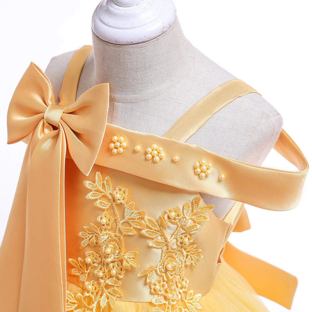 Summer Bow Flower Party Dresses for Girl Christmas Costumes One Shoulder Bridemaid Birthday Princess Dress Wedding Kids Clothing