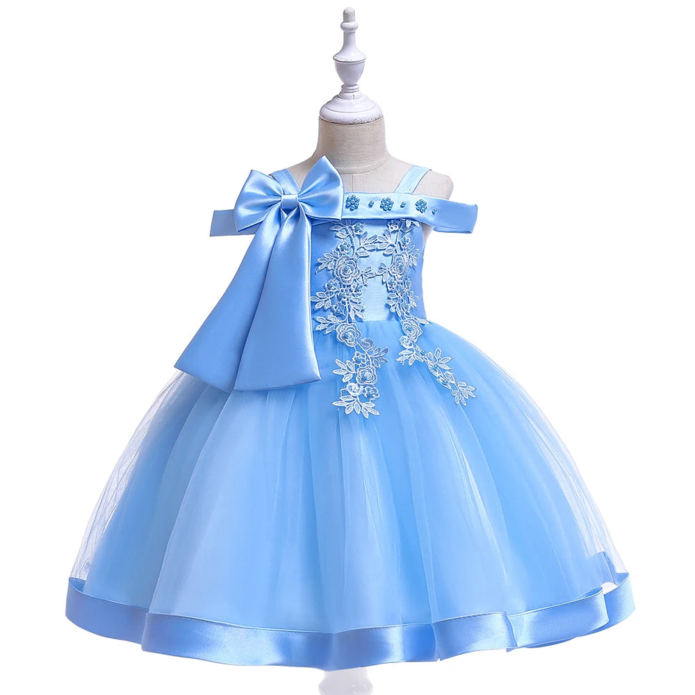 Summer Bow Flower Party Dresses for Girl Christmas Costumes One Shoulder Bridemaid Birthday Princess Dress Wedding Kids Clothing