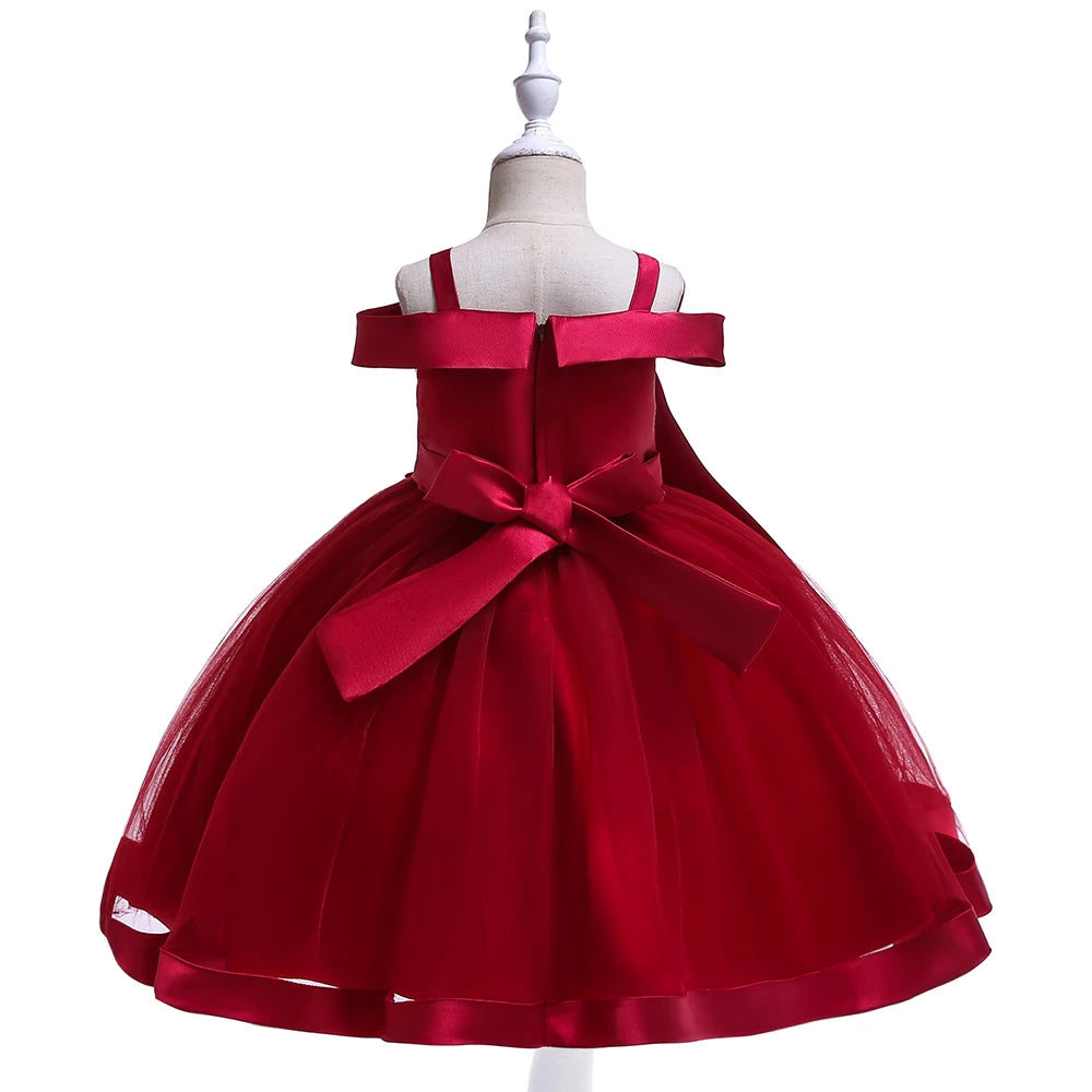 Summer Bow Flower Party Dresses for Girl Christmas Costumes One Shoulder Bridemaid Birthday Princess Dress Wedding Kids Clothing