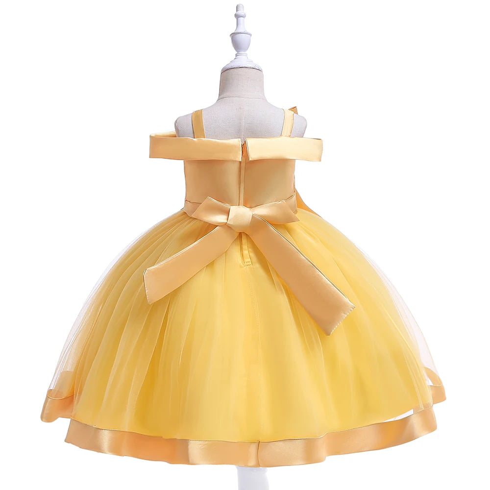 Summer Bow Flower Party Dresses for Girl Christmas Costumes One Shoulder Bridemaid Birthday Princess Dress Wedding Kids Clothing