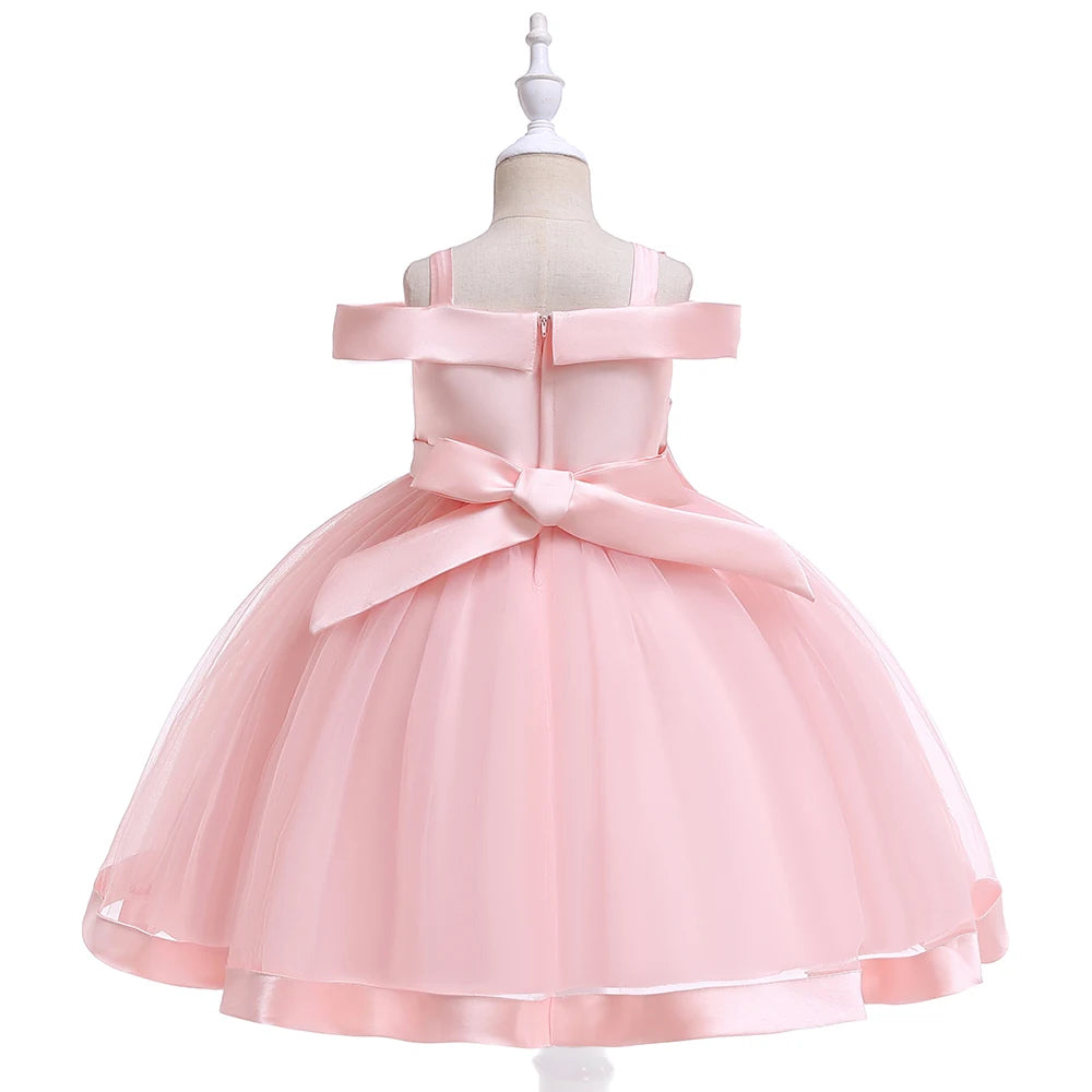 Summer Bow Flower Party Dresses for Girl Christmas Costumes One Shoulder Bridemaid Birthday Princess Dress Wedding Kids Clothing