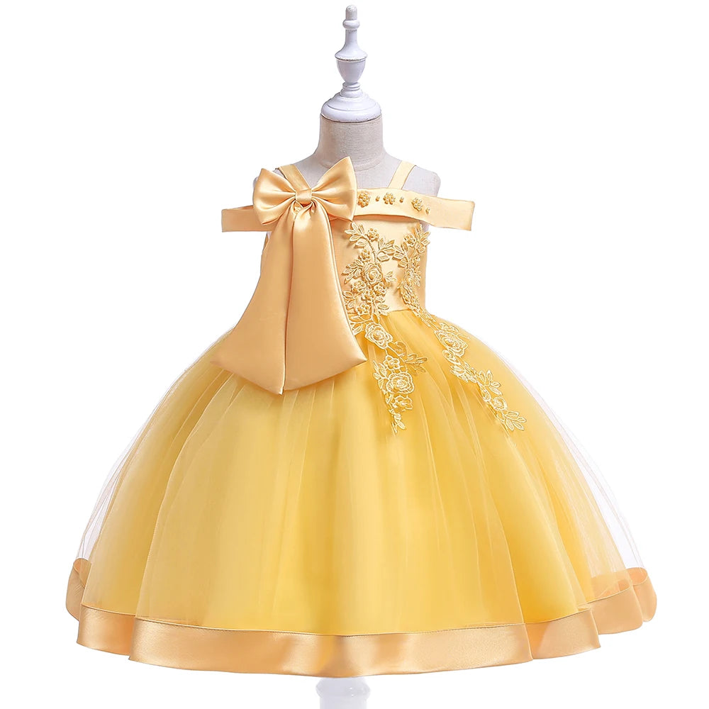 Summer Bow Flower Party Dresses for Girl Christmas Costumes One Shoulder Bridemaid Birthday Princess Dress Wedding Kids Clothing