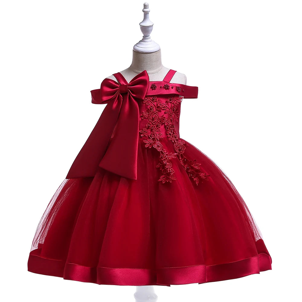 Summer Bow Flower Party Dresses for Girl Christmas Costumes One Shoulder Bridemaid Birthday Princess Dress Wedding Kids Clothing