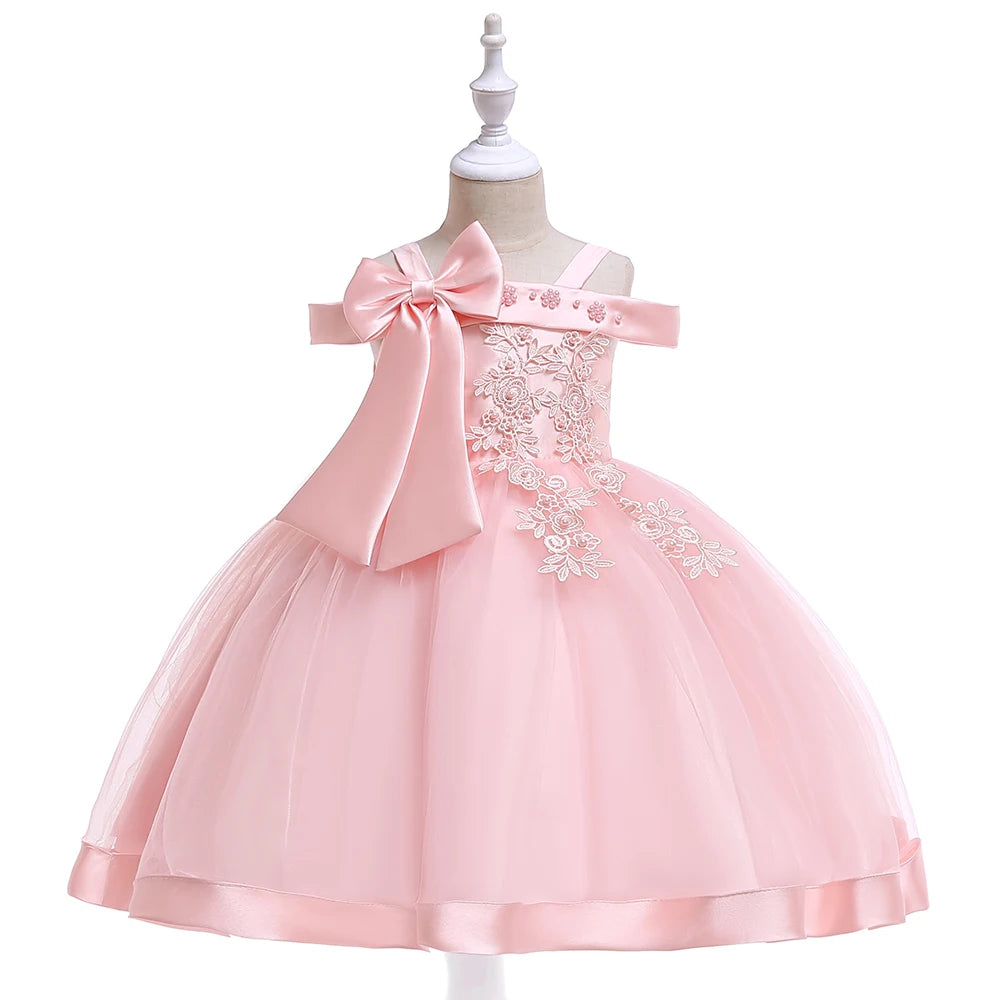 Summer Bow Flower Party Dresses for Girl Christmas Costumes One Shoulder Bridemaid Birthday Princess Dress Wedding Kids Clothing