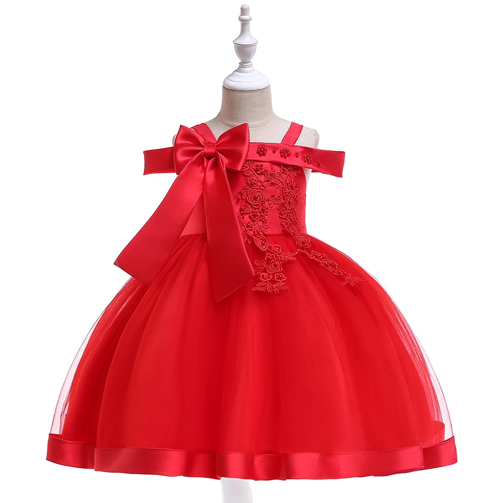 Summer Bow Flower Party Dresses for Girl Christmas Costumes One Shoulder Bridemaid Birthday Princess Dress Wedding Kids Clothing