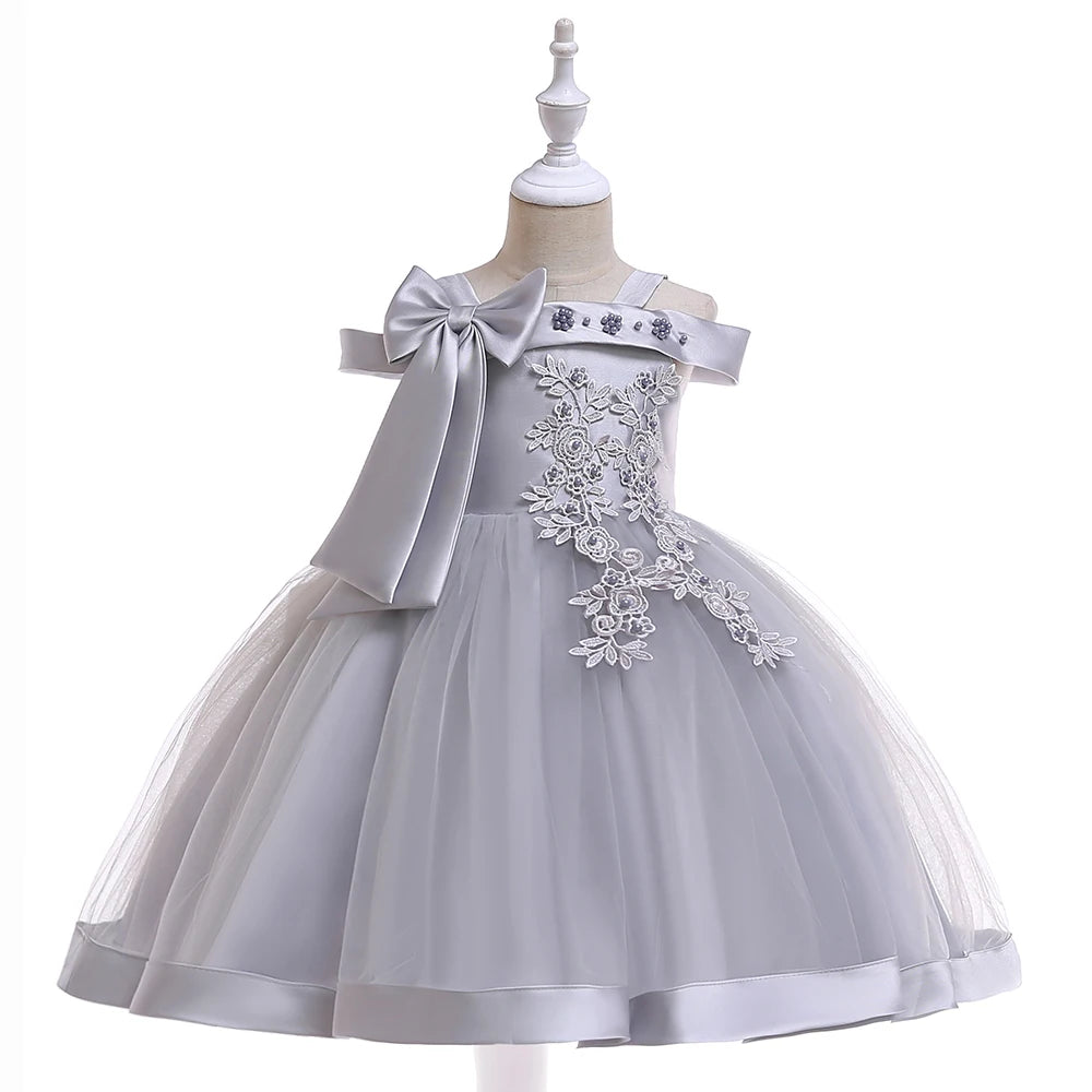 Summer Bow Flower Party Dresses for Girl Christmas Costumes One Shoulder Bridemaid Birthday Princess Dress Wedding Kids Clothing