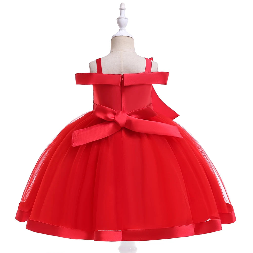 Summer Bow Flower Party Dresses for Girl Christmas Costumes One Shoulder Bridemaid Birthday Princess Dress Wedding Kids Clothing