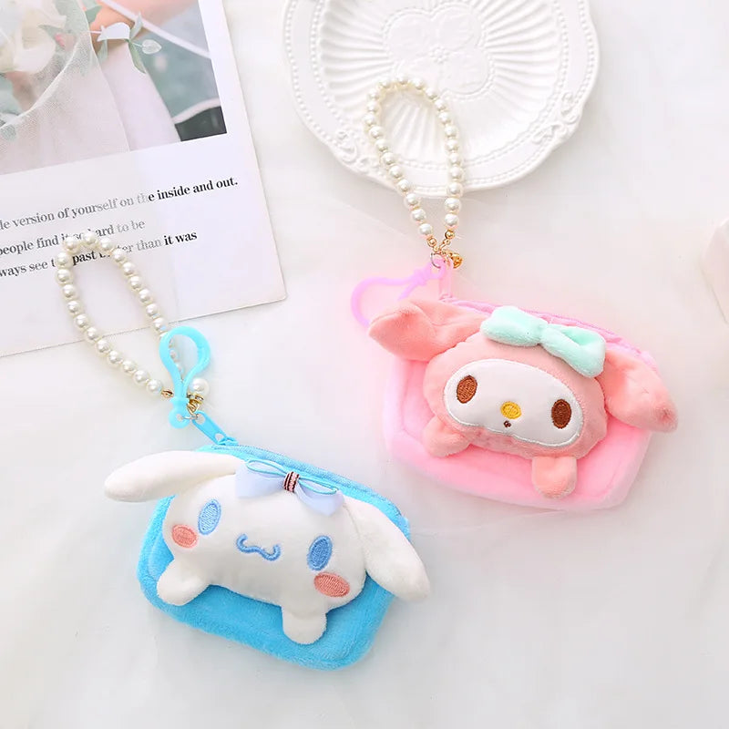 Kawaii Sanrio Doll Plush Bag Keychain Cinnamoroll Melody Pom Pom Purin Kuromi Wallet Cute Coin Purse Pendant Gifts For Girls