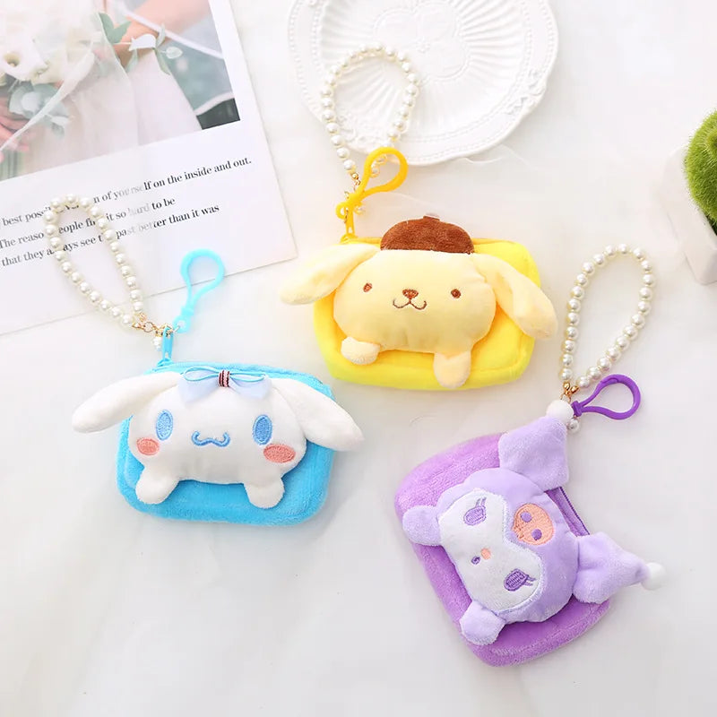 Kawaii Sanrio Doll Plush Bag Keychain Cinnamoroll Melody Pom Pom Purin Kuromi Wallet Cute Coin Purse Pendant Gifts For Girls