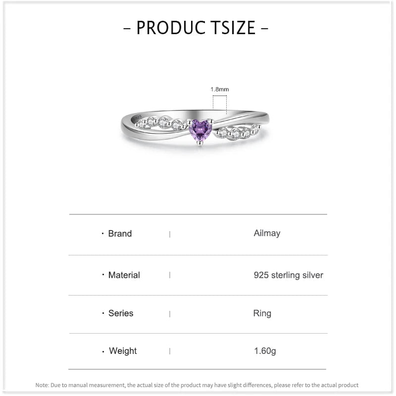 Ailmay Hot Sale Real 925 Sterling Silver Romantic Purple Heart Shiny CZ Finger Ring For Women Birthday Gift Trendy Fine Jewelry