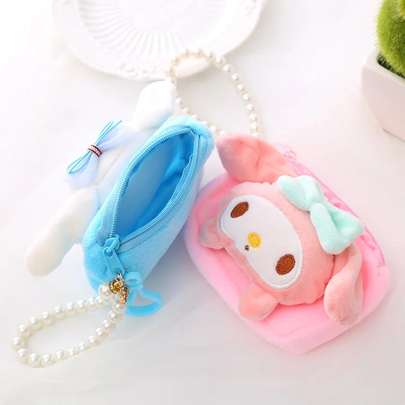 Kawaii Sanrio Doll Plush Bag Keychain Cinnamoroll Melody Pom Pom Purin Kuromi Wallet Cute Coin Purse Pendant Gifts For Girls