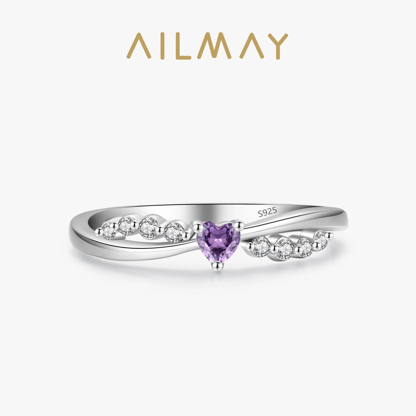 Ailmay Hot Sale Real 925 Sterling Silver Romantic Purple Heart Shiny CZ Finger Ring For Women Birthday Gift Trendy Fine Jewelry