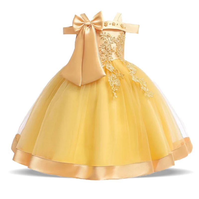 Summer Bow Flower Party Dresses for Girl Christmas Costumes One Shoulder Bridemaid Birthday Princess Dress Wedding Kids Clothing