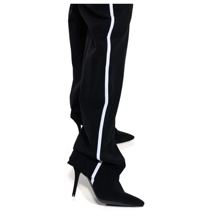 Women's Slim High Heels Striped Casual Pants and Runway Boots, European and American Designers Fashion, 2023