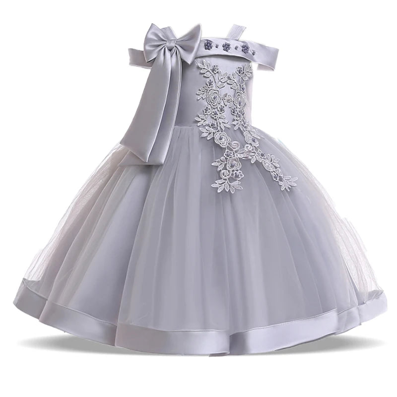 Summer Bow Flower Party Dresses for Girl Christmas Costumes One Shoulder Bridemaid Birthday Princess Dress Wedding Kids Clothing