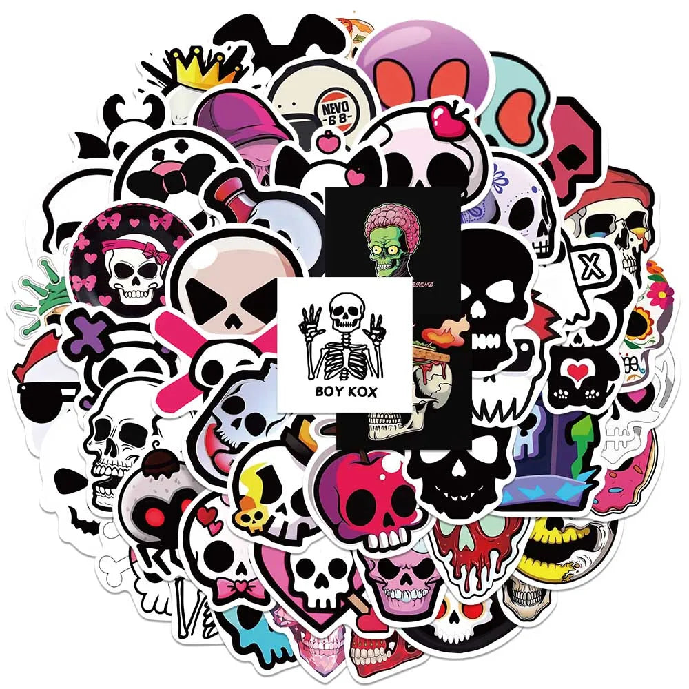 50pcs Cute Cartoon Skull Graffiti Stickers For Laptop Water Bottle Luggage Notebook Phone Waterproof Vinyl Decals