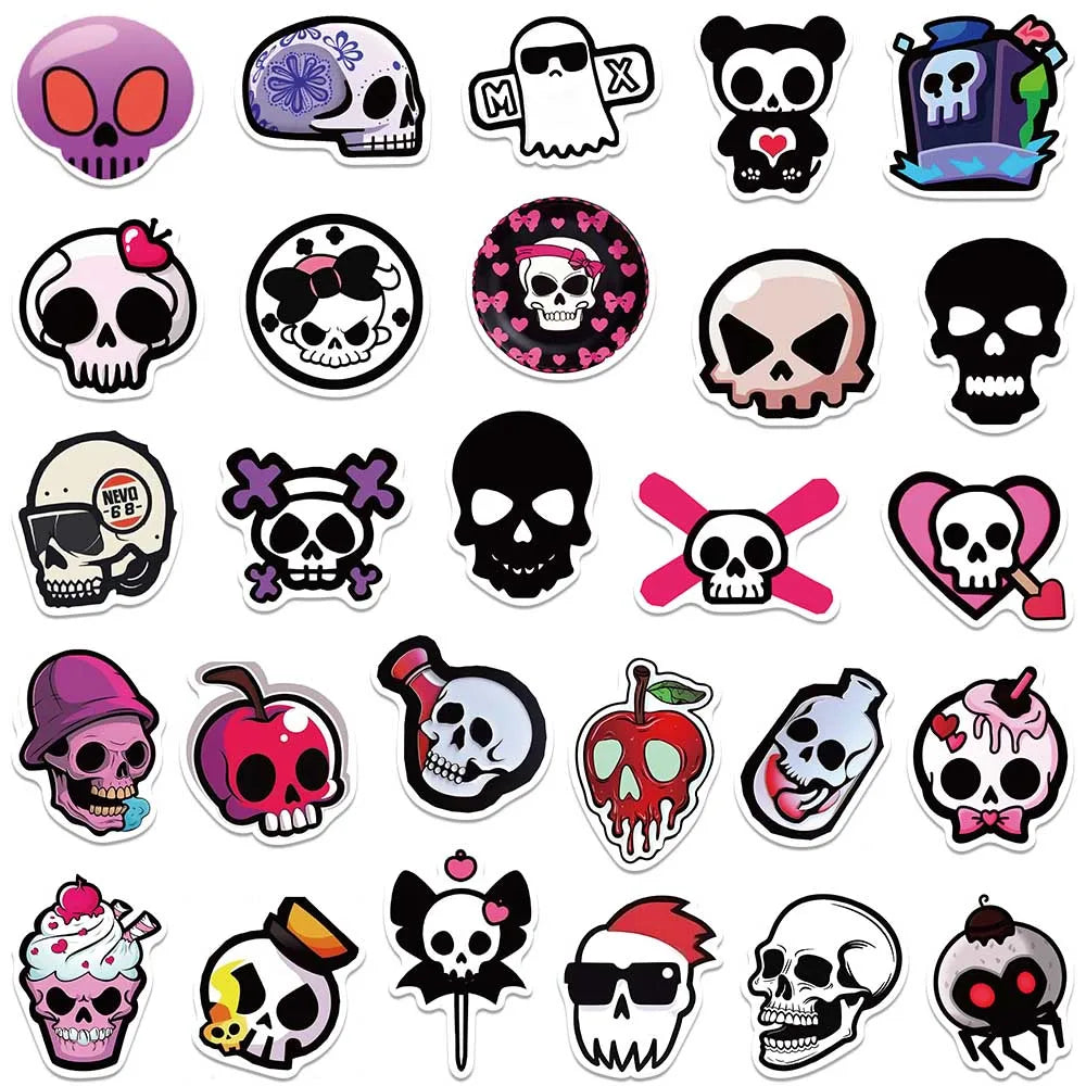 50pcs Cute Cartoon Skull Graffiti Stickers For Laptop Water Bottle Luggage Notebook Phone Waterproof Vinyl Decals