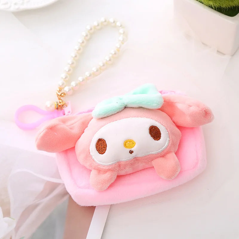 Kawaii Sanrio Doll Plush Bag Keychain Cinnamoroll Melody Pom Pom Purin Kuromi Wallet Cute Coin Purse Pendant Gifts For Girls