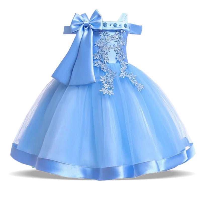 Summer Bow Flower Party Dresses for Girl Christmas Costumes One Shoulder Bridemaid Birthday Princess Dress Wedding Kids Clothing