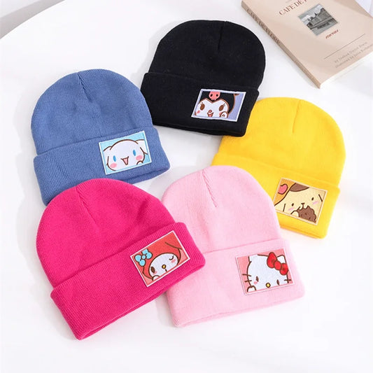 Hot Sale Saniro Hello Kitty Beanie Hat Dopamine Candy Color Cap Women Cute Cartoon Cinnamoroll Melody Kuromi Winter Knitted Hat