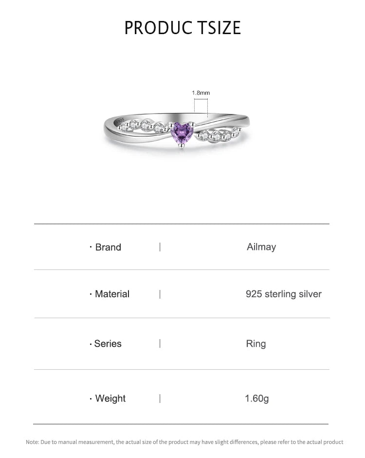 Ailmay Hot Sale Real 925 Sterling Silver Romantic Purple Heart Shiny CZ Finger Ring For Women Birthday Gift Trendy Fine Jewelry