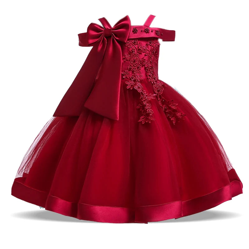 Summer Bow Flower Party Dresses for Girl Christmas Costumes One Shoulder Bridemaid Birthday Princess Dress Wedding Kids Clothing