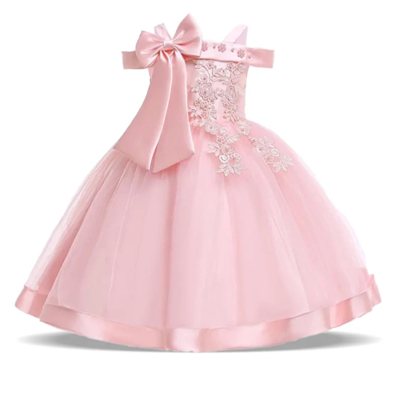 Summer Bow Flower Party Dresses for Girl Christmas Costumes One Shoulder Bridemaid Birthday Princess Dress Wedding Kids Clothing