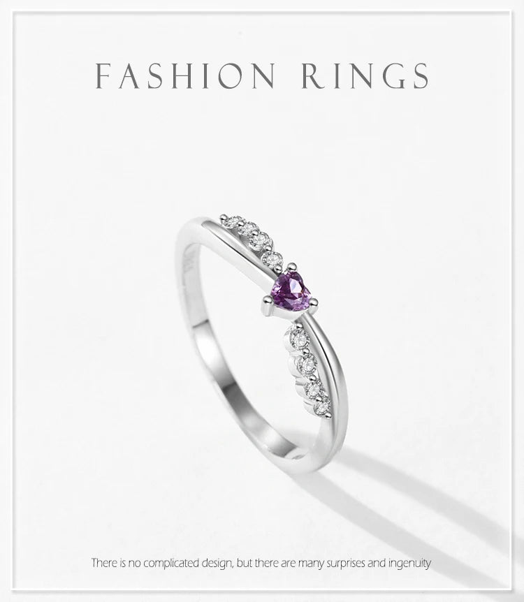 Ailmay Hot Sale Real 925 Sterling Silver Romantic Purple Heart Shiny CZ Finger Ring For Women Birthday Gift Trendy Fine Jewelry