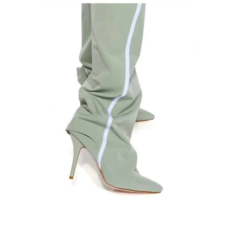 Women's Slim High Heels Striped Casual Pants and Runway Boots, European and American Designers Fashion, 2023