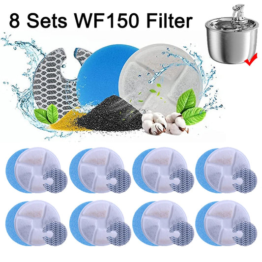 8 Sets WF150 Cat Water Fountain Filters Replacement for Stainless Steel  Automatic Cats Feeder,Pet Fountain Filter