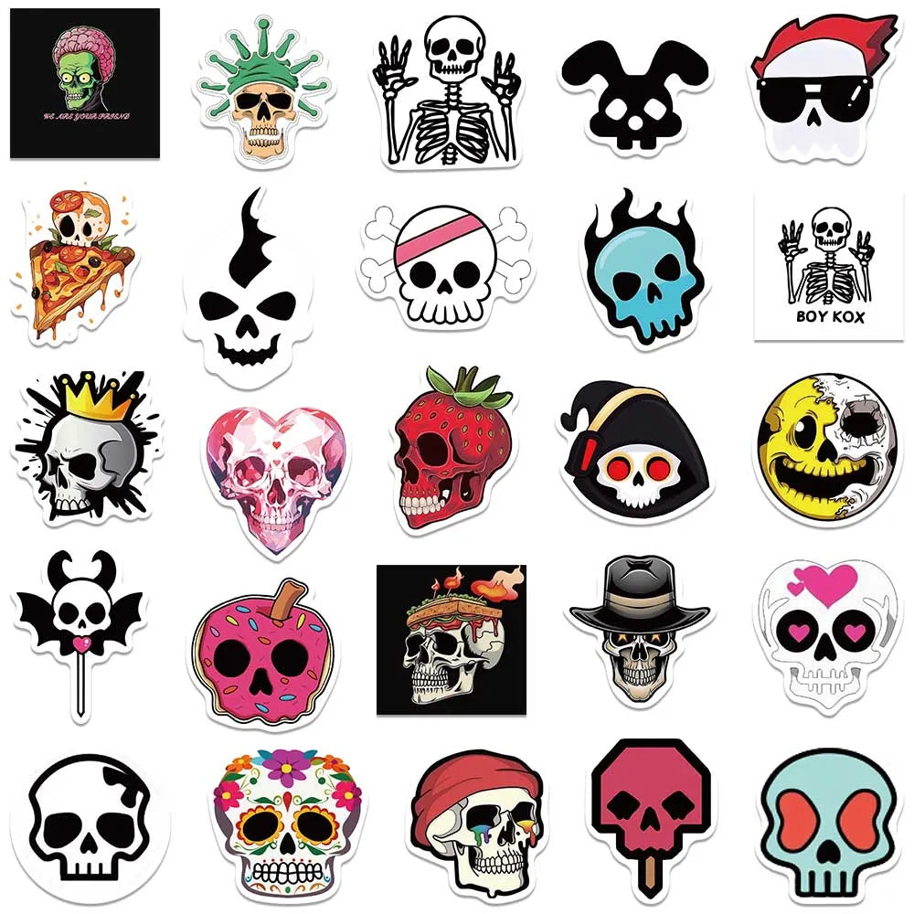 50pcs Cute Cartoon Skull Graffiti Stickers For Laptop Water Bottle Luggage Notebook Phone Waterproof Vinyl Decals